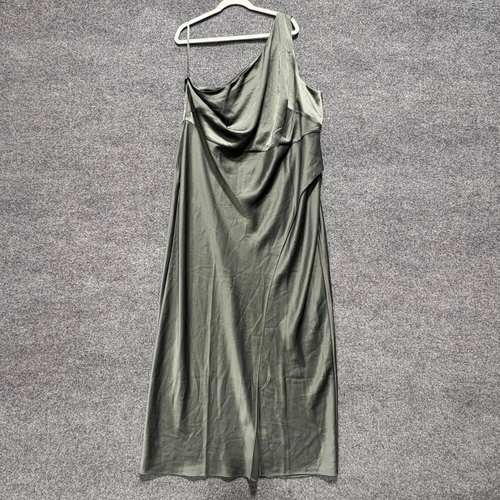 BHLDN Dress Womens 24W Green Satin One Shoulder Maxi Slip Formal Bridesmaid Gown